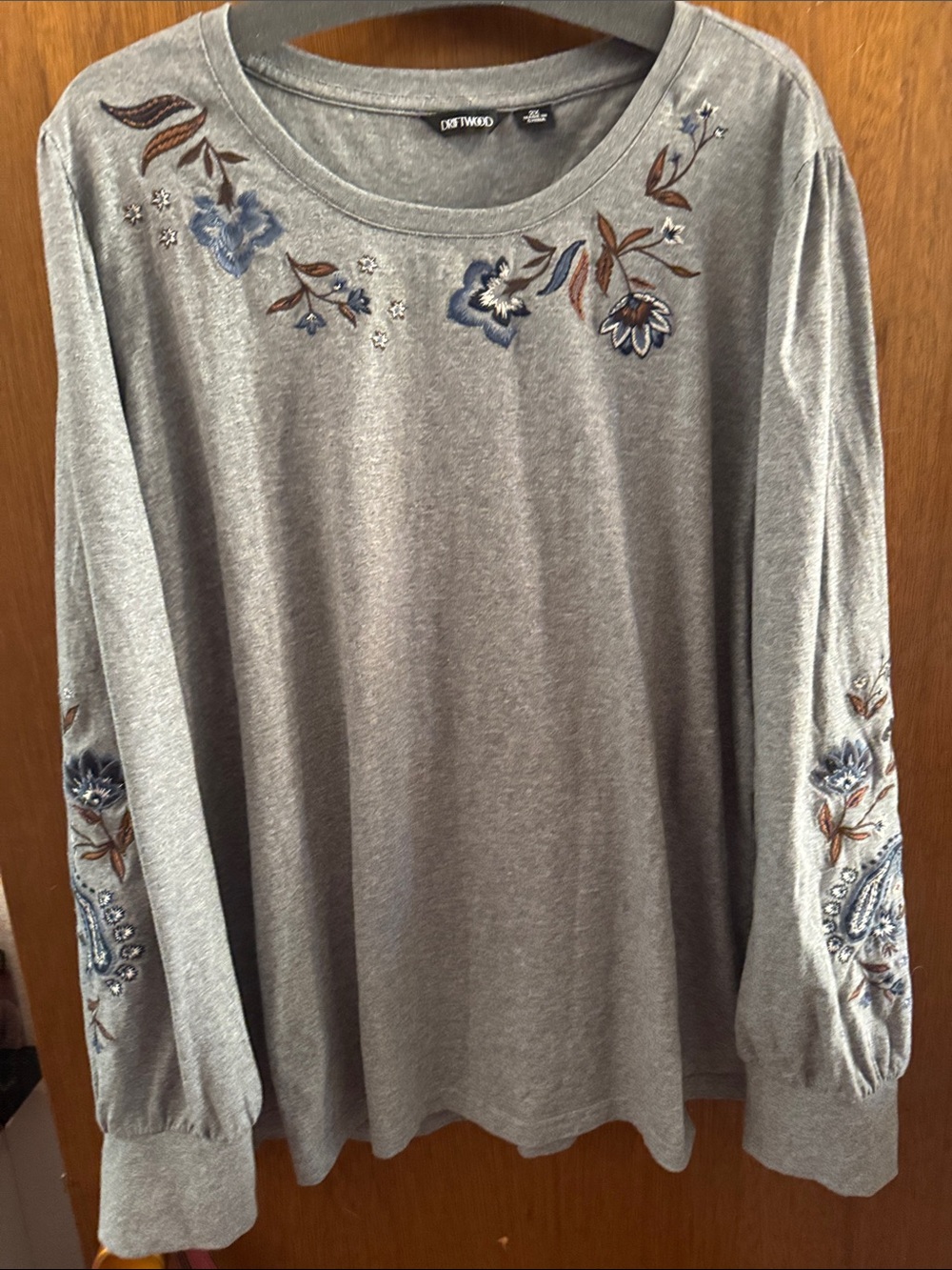 DRIFTWOOD Gray Long Sleeve Tee with Blue & Brown Floral Embroidery